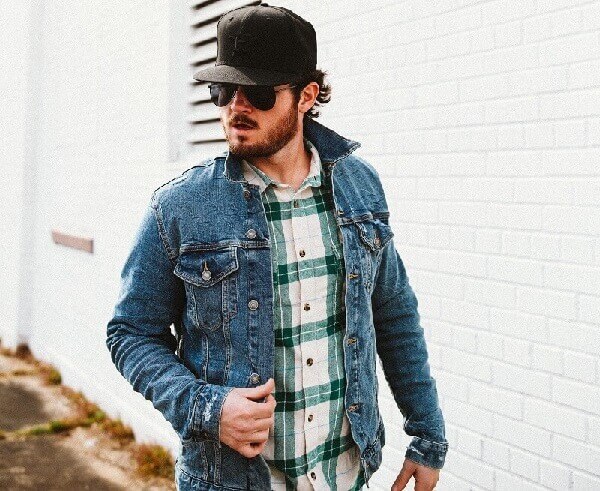 men wearing blue denim Jacket and shirt and black cap