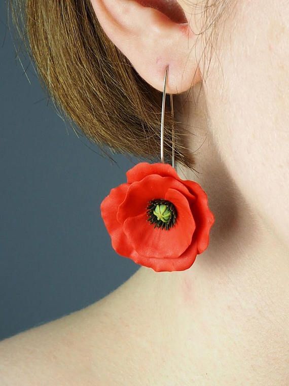  Polymer clay red poppy earrings 