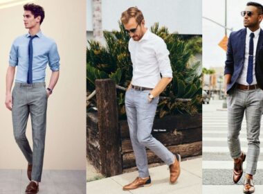 Grey pants with brown shoes