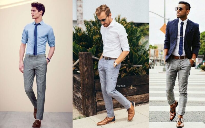 Grey pants with brown shoes