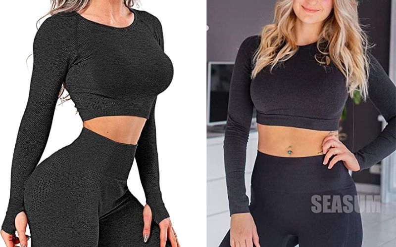 Women workout clothes - SEASUM Women Workout Crop Top Seamless Shirt Athletic Long Sleeve Fitness Tight Tee