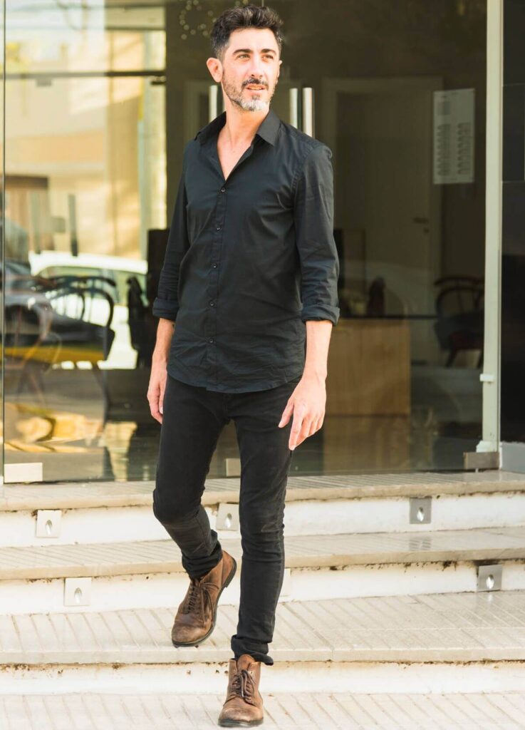 Men Wearing  Brown Shoes With a Black Shirt