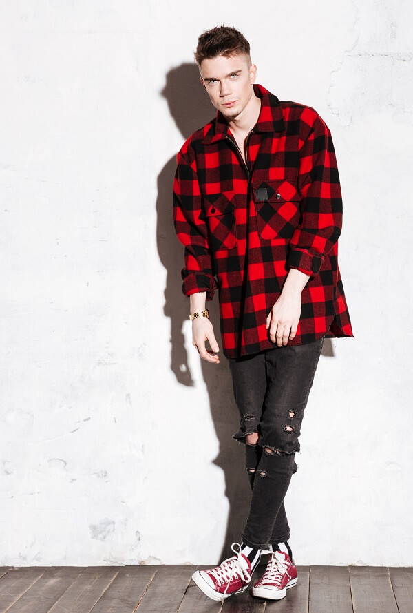 Men Wearing Red Button Down Flannel Shirt With Black Jeans