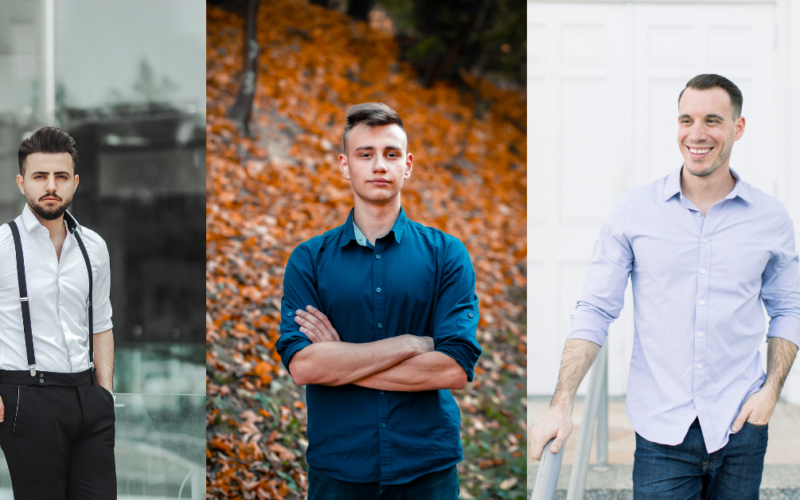 Three men elegantly dressed in formal attire, wearing a combination of dress pants and shirts, presenting a sophisticated and professional appearance.