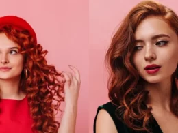 Two girls with red and black-red mix hair posing against a vibrant pink background.